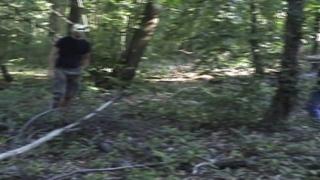 French slut enjoys three cocks in the forest