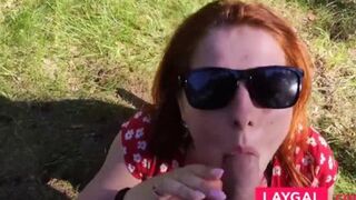 Wild Redhead's Big Tit Blowjob Outdoors