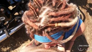 Outdoor footjob and blowjob with dreadlocks girl. Cum on the face
